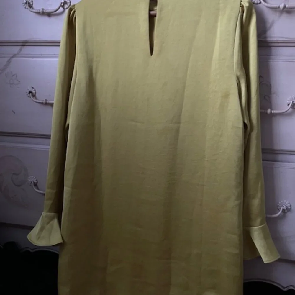 Ann Taylor chartreuse satin dress with ruffle sleeves - Picture 2 of 5